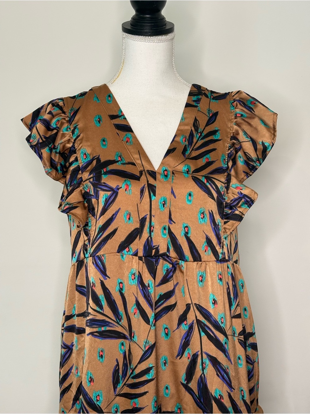 Entro Floral Ruffle Maxi Dress Small Boho Satin Brown Teal Tiered V Neck - Picture 3 of 7